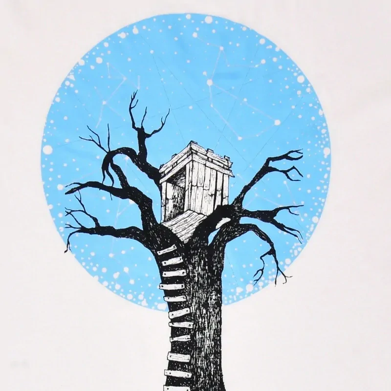 Tričko s autorským potiskem Tree house, barva bílá