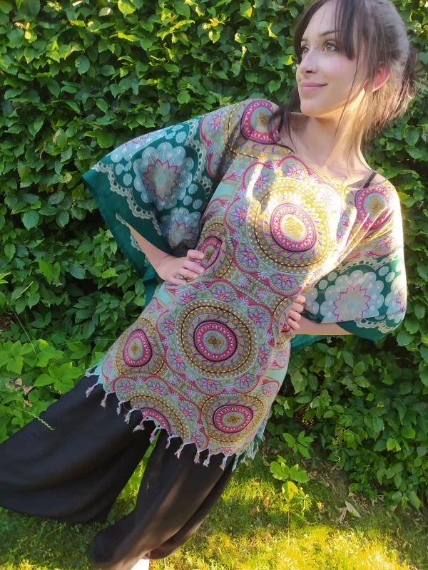 Dámské letní pončo a vzdušná halenka z viskózy v jednom, barva tyrkysová